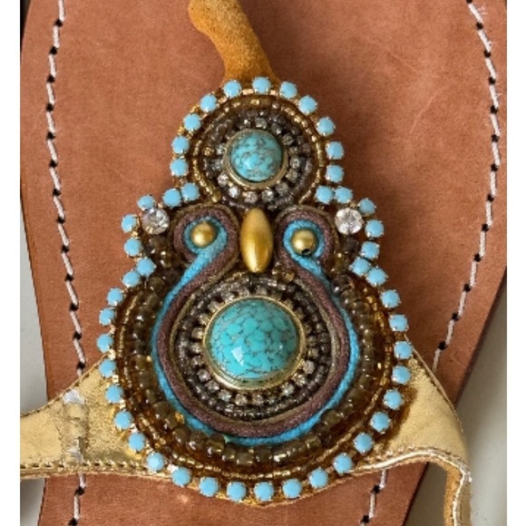 Mystique Beaded Thong Sandals Turquoise Embellished Gold Straps Size 7 - Picture 7 of 7